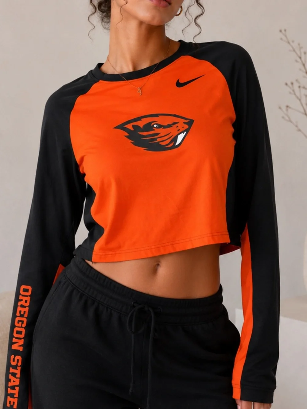 Nike Orange & Black Oregon State Women's Long-Sleeve Crop Top